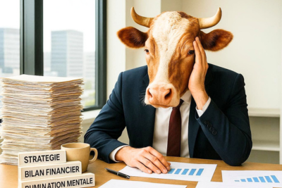 Quand les idées tournent en boucle et bloquent la prise de décision " Je n'arrive pas à décider. " Un dirigeant dans son bureau en pleine rumination mentale, symbolisé par un masque de vache