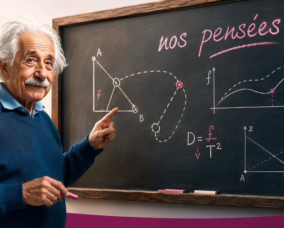Savoir prendre des décisions : dessin moderne d'Albert Einstein devant un tableau noir et des équations. Il a étudié nos pensées.